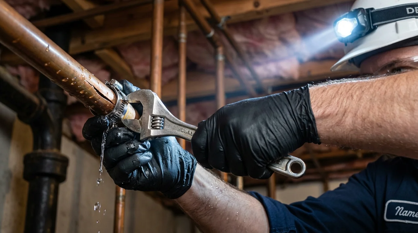Emergency pipe clamp repair being performed by a Johns Plumbing LLC plumber in Poteet