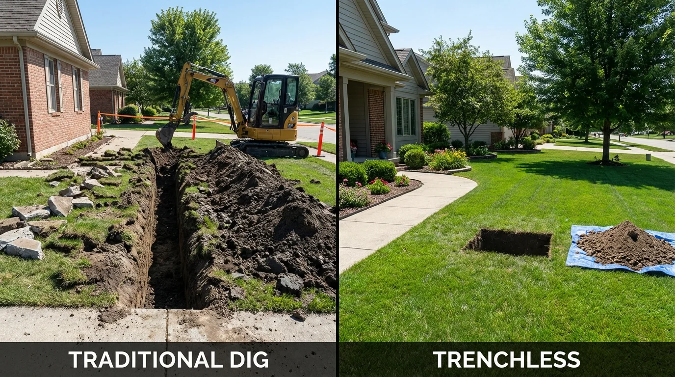Trenchless sewer repair with minimal yard damage versus traditional excavation in Poteet, TX